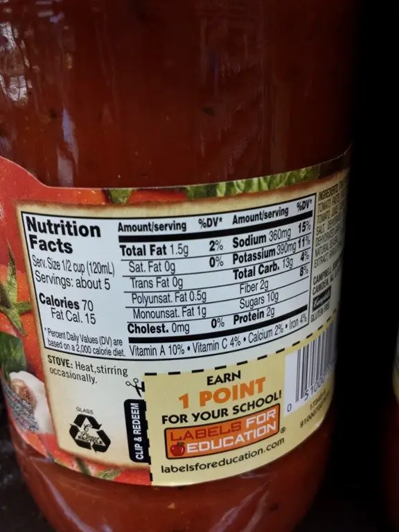 Barilla Pasta Sauce Nutrition Label