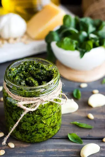 Fresh Homemade Pesto Sauce And Ingredients To It