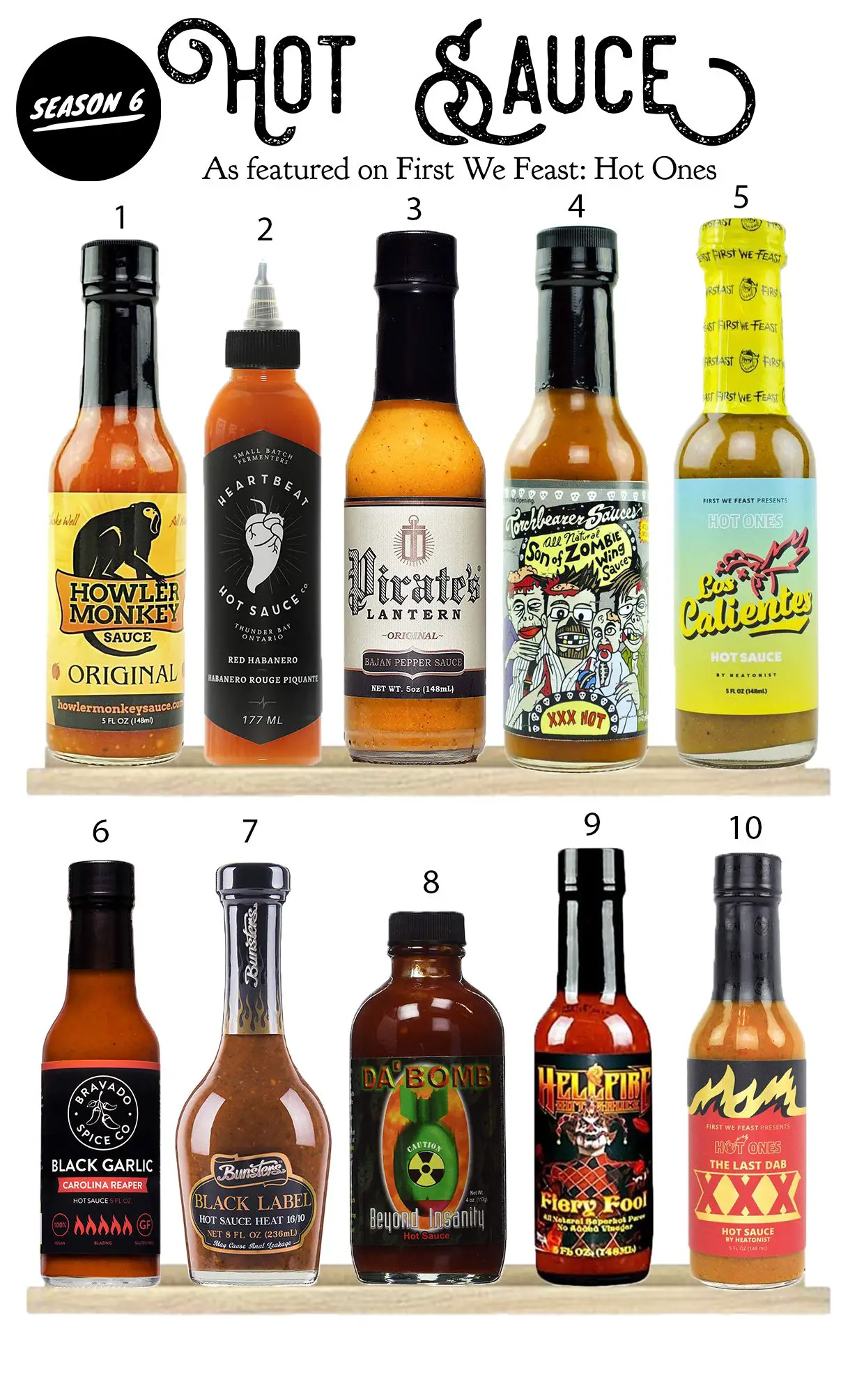 Hot sauces as featured on First We Feast: Hot Ones (Season 6). # ...