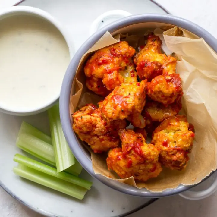 Keto cauliflower wings with blue cheese dip