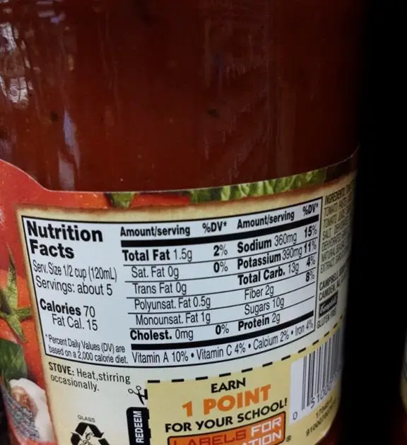 Prego Sauce Nutrition Label