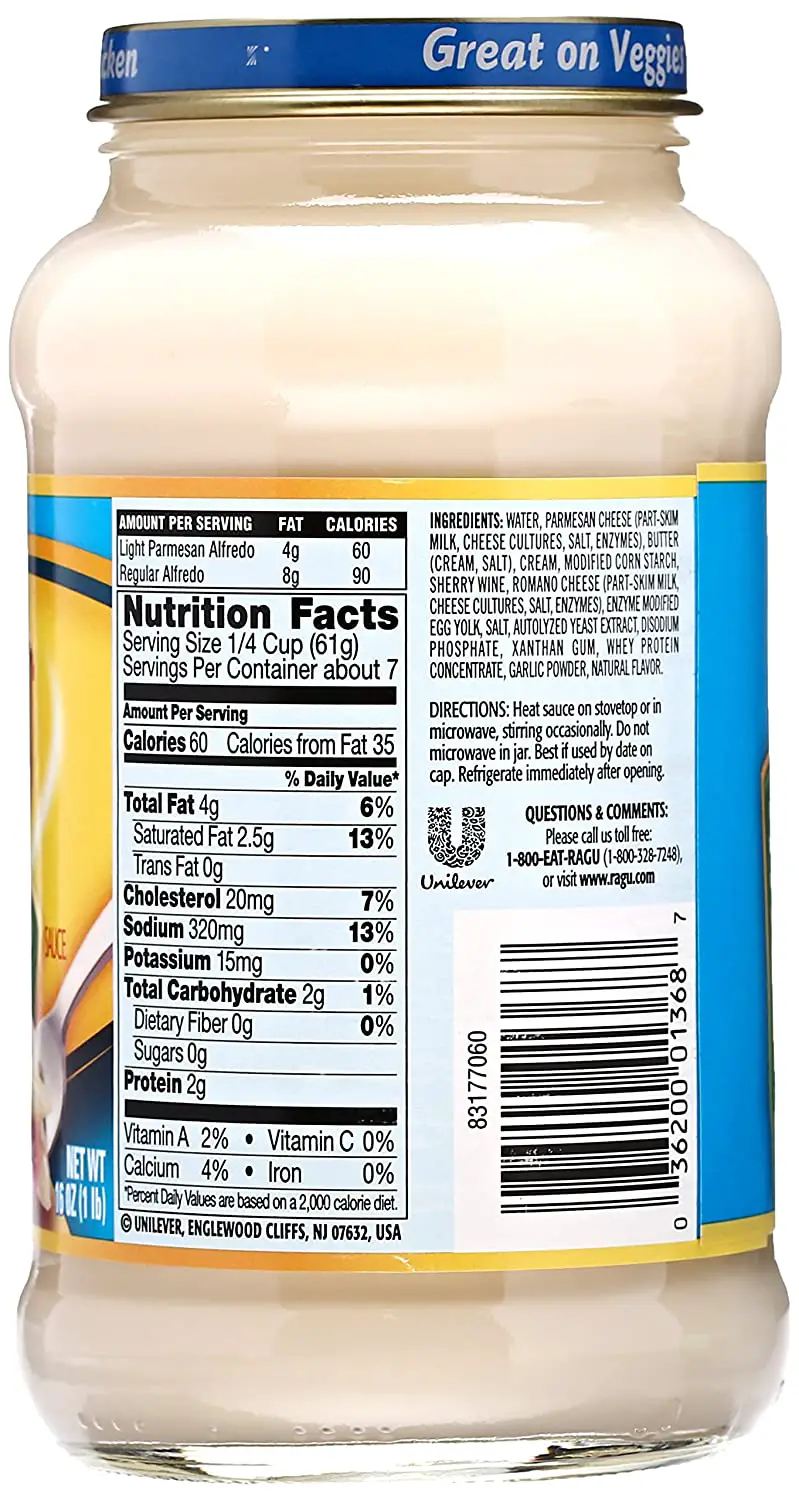 Ragu Alfredo Sauce Nutrition Label