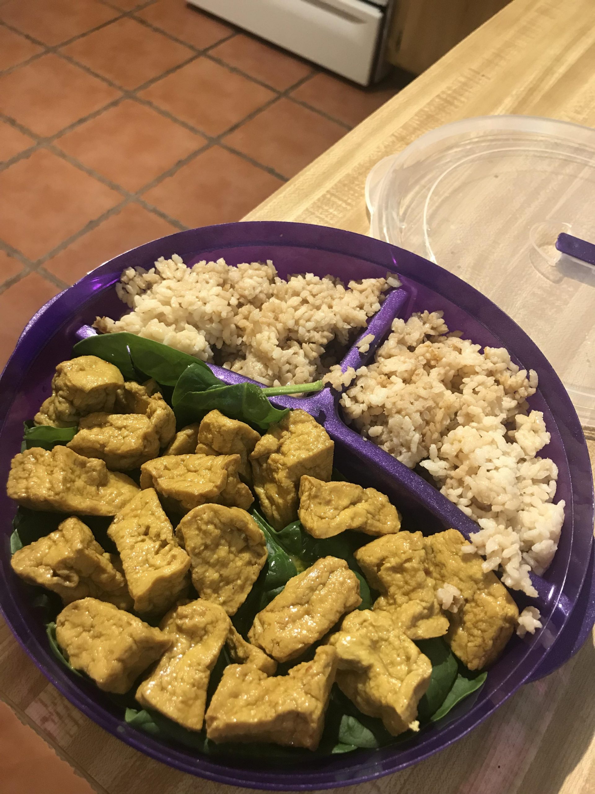 This weeks lunch: curry tofu chunks on spinach with sushi rice. I used ...