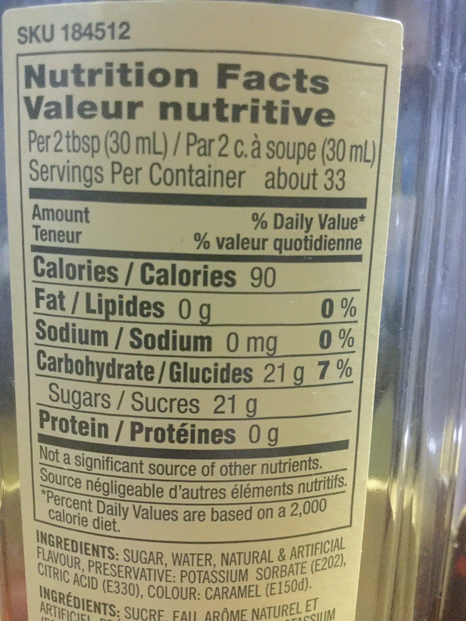 White Mocha Syrup Nutrition Facts