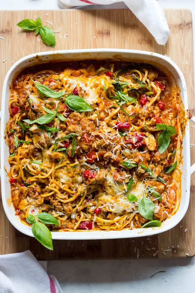 Zucchini bake made with zucchini noodles, spaghetti, and ...